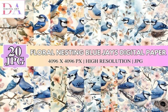 Bringing Woodland Serenity to Your Work: The Floral Nesting Blue Jays Digital Paper