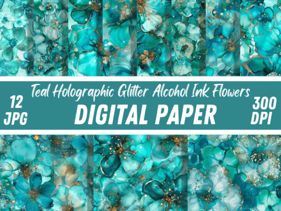Teal Gold Glitter Alcohol Ink Floral: Luxury Digital Design