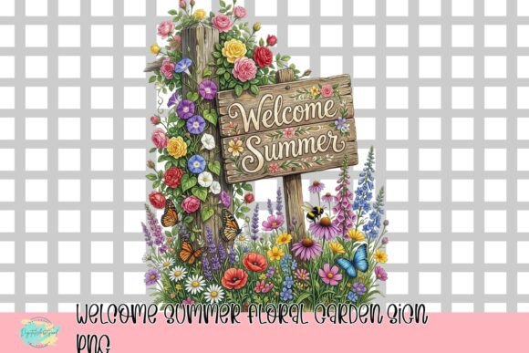 Welcome Summer with a Floral Garden Sign PNG